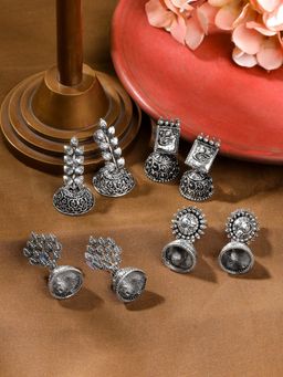 Yellow Chimes - Traditional Oxidised Silver Jhumki Earrings Pack Of 4