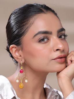 Yellow Chimes - Multi-Color Stone Gold Plated Long Dangler Earrings