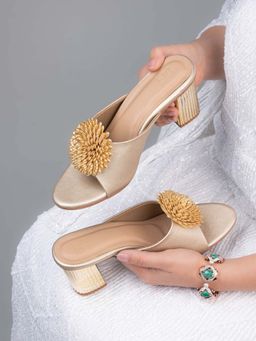 Hydes N Hues - Evergreen Golden Premium Quality Pu Block Gold Sandal Heels