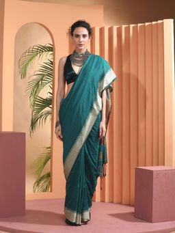 Beatitude - Green Handspun Cotton Saree with Unstitched Blouse