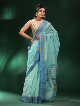 CHARUKRITI - Sea Green Handspun Cotton Soft Saree with Unstitched Blouse