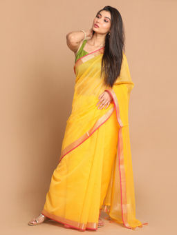 Indethnic - Banarasi Yellow Solid Daily Wear Saree With Unstitched Blouse