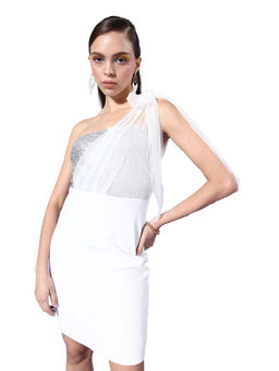 AAREIN - Womens White Sequinned Embellished Tie-Up Detail Bodycon Dress