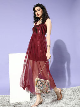 AAREIN - Womens Maroon Sequinned Semi-Sheer Net Maxi Dress