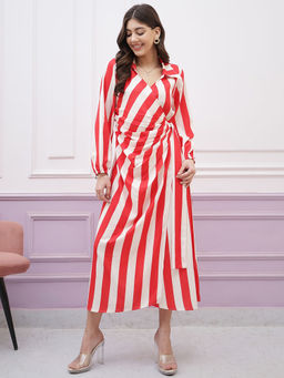AAREIN - Womens Red and White Striped Shirt Collar Tie-Ups Wrap Midi Dress
