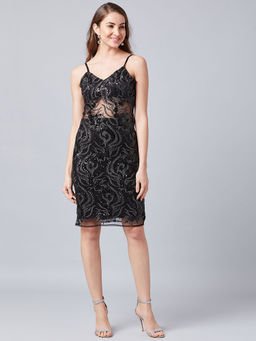 AAREIN - Womens Women Black Embellished Sheath Dress