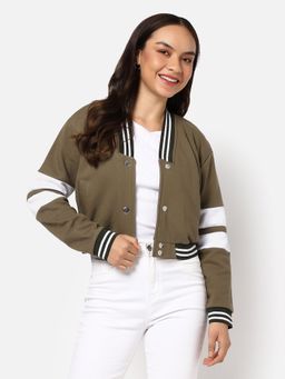 Campus Sutra - Womens Solid Crop Jacket Olive