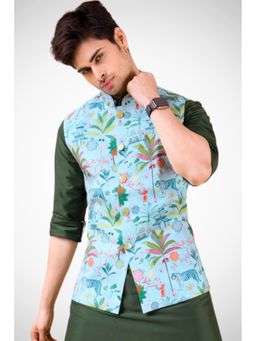 SHIWAM ETHNIX - Green Cotton Blend Printed Nehru Jacket