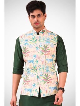 SHIWAM ETHNIX - Yellow Cotton Blend Printed Nehru Jacket