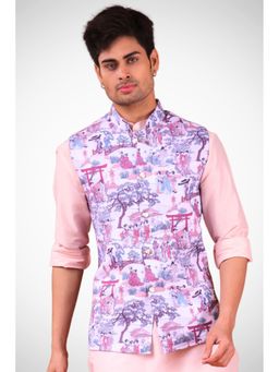 SHIWAM ETHNIX - Purple Cotton Blend Printed Nehru Jacket