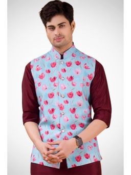 SHIWAM ETHNIX - Blue Cotton Blend Printed Nehru Jacket