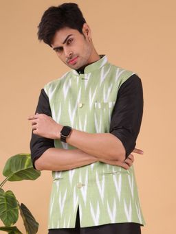 SHIWAM ETHNIX - Green Cotton Blend Printed Nehru Jacket