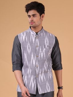 SHIWAM ETHNIX - Grey Cotton Blend Printed Nehru Jacket