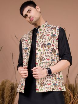 SHIWAM ETHNIX - Cream Cotton Blend Printed Nehru Jacket
