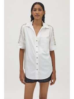 Pallavi Swadi - White Monochrome Flower Swarovski Ribbon Shirt