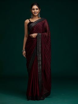 Koskii - Maroon Swarovski Georgette Saree with Unstitched Blouse