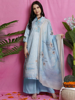 Stylee LIFESTYLE - Blue Satin Digital Printed Unstitched Dress Material (Set of 3)