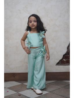 Funny Bones - Green Pearl Embeded Sunflower Pure Organza Top with Palazzo (Set of 2)