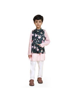 Funny Bones - Satin Lotus Print Koti with Linen Solid Kurta & Pajama (Set of 3)