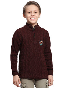 Monte Carlo - Maroon Self Design High Neck Sweater