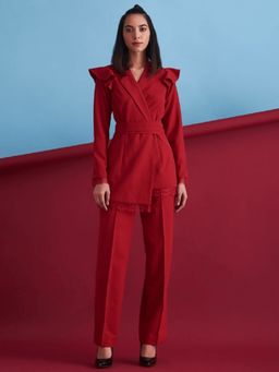 ETE - Sara- Red Pant Suit With Ruffled Shoulder And Lace Details (set Of 2)