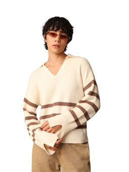 ONLY - Beige Collared Striped Knit Sweater