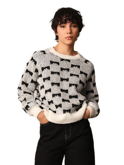ONLY - Off White and Black Self Design Bow Detail Sweater
