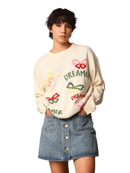 ONLY - Cream Printed Round Neck Sweater