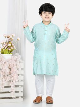 Kinder Kids - Sky Blue Kurta with Gold Jaquard Elephant & White Cotton Pajama (Set of 2)