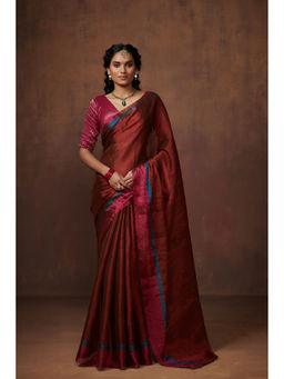 Dressfolk - Handwoven Maroon Zari, Bright Firozi and Fuschia Pink Zari Border Tissue Saree with Matching Blouse