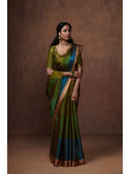 Dressfolk - Handwoven Green and Olive with Bright Firozi Blue Zari in Border Tissue Saree with Matching Blouse.