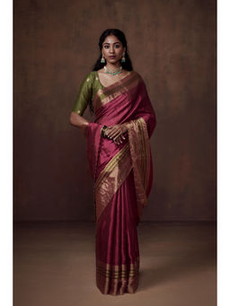 Dressfolk - Handwoven Deep Pink with Gold and Olive Green Zari Border, Glass Beads Detail with Matching Blouse