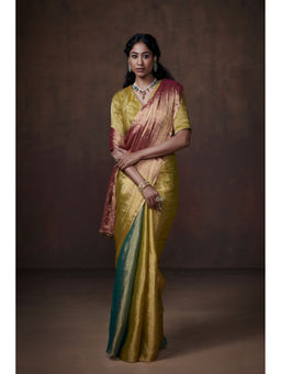 Dressfolk - Handwoven Teal, Lime and Rust Tissue Saree with Glass Bead Detailing and Matching Blouse Fabric