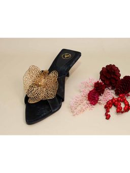 Sana K Luxurious Footwear - Gold Flower Black Kitten Heels