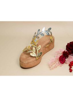 Sana K Luxurious Footwear - Gold Leafy Beige Wedges