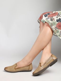 Dollphin - Beige Leather Laser Cut Formal Loafers