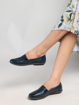 Dollphin - Navy Blue Leather Laser Cut Formal Loafers