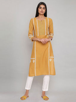 W - Yelloplacement Print Kurta Ith Embroidery