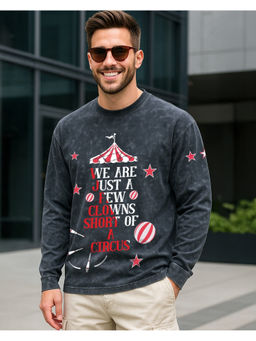 Bewakoof - Men's Dark Grey Clown Graphic Printed Oversized Acid Wash T-shirt