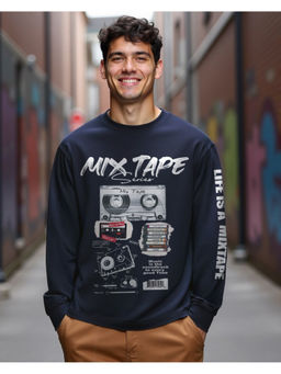 Bewakoof - Men's Navy Blue Mixtape Graphic Printed Oversized T-shirt