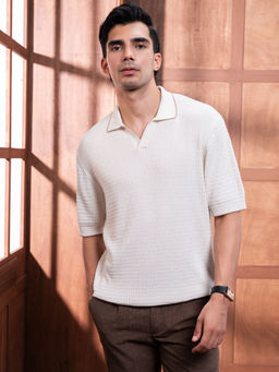 Andamen - Men White Casual Embroidery Cotton Blend Relaxed Fit Crew Polo T-Shirt