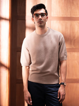 Andamen - Men Beige Casual Knit Cotton Relaxed Fit Crew T-Shirt