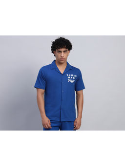 Griffel - Men Blue “Human Made” Rabbit Typography Print Casual Shirt