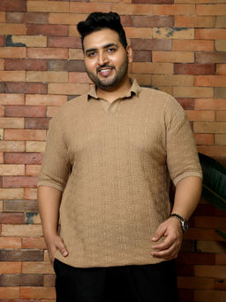 Instafab Plus - Men Sand Beige Greek-Textured Polo T-Shirt