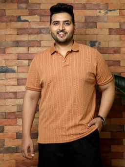 Instafab Plus - Men Rust Orange Geometric-Folk Knitted Polo T-Shirt