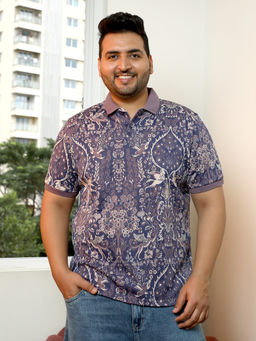 Instafab Plus - Men Indigo Blue and Mauve Purple Indie Floral Jacquard-Knit Polo T-Shirt
