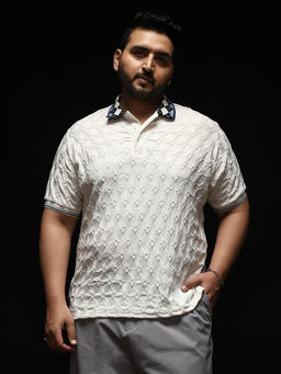 Instafab Plus - Men Chalk White Block Argyle-Knit Polo T-Shirt