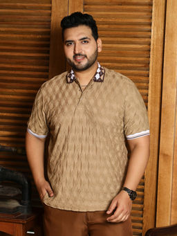 Instafab Plus - Men Sand Beige Block Argyle-Knit Polo T-Shirt