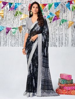 Odette - Womens Georgette Black Printed Saree with Unstitched Blouse