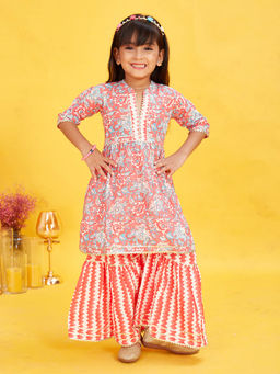 Maaikid - Red Floral Printed Kurta and Sharara (Set of 2)